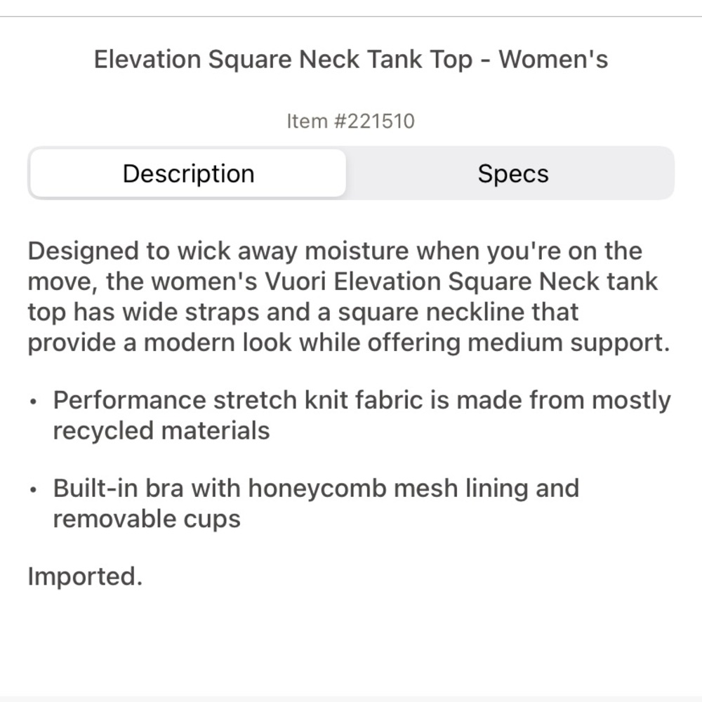 Vuori Elevation Square Neck Tank Size Small - Picture 3 of 3
